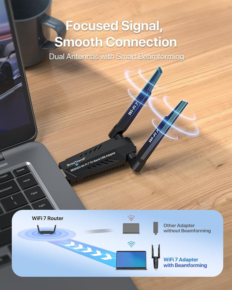 BrosTrend BE6500 USB WiFi 7 Adapter, Tri-Band Long Range USB WiFi Adapter for Desktop PC Laptop, Wireless Dongle 6GHz + 5GHz + 2.4G, Ultra-Low Latency Wi-Fi Antenna PC Gaming for Windows 11/10, 4K-QAM - Image 3